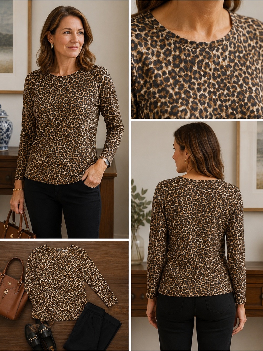 J Mclaughlin Signature Catalina Cloth Leopard Animal Print  Top Brown M Preppy